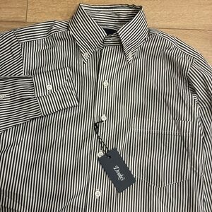 NWT Drake’s Stripe Button Down Poplin Shirt Dark Brown Perennial Size 14.5